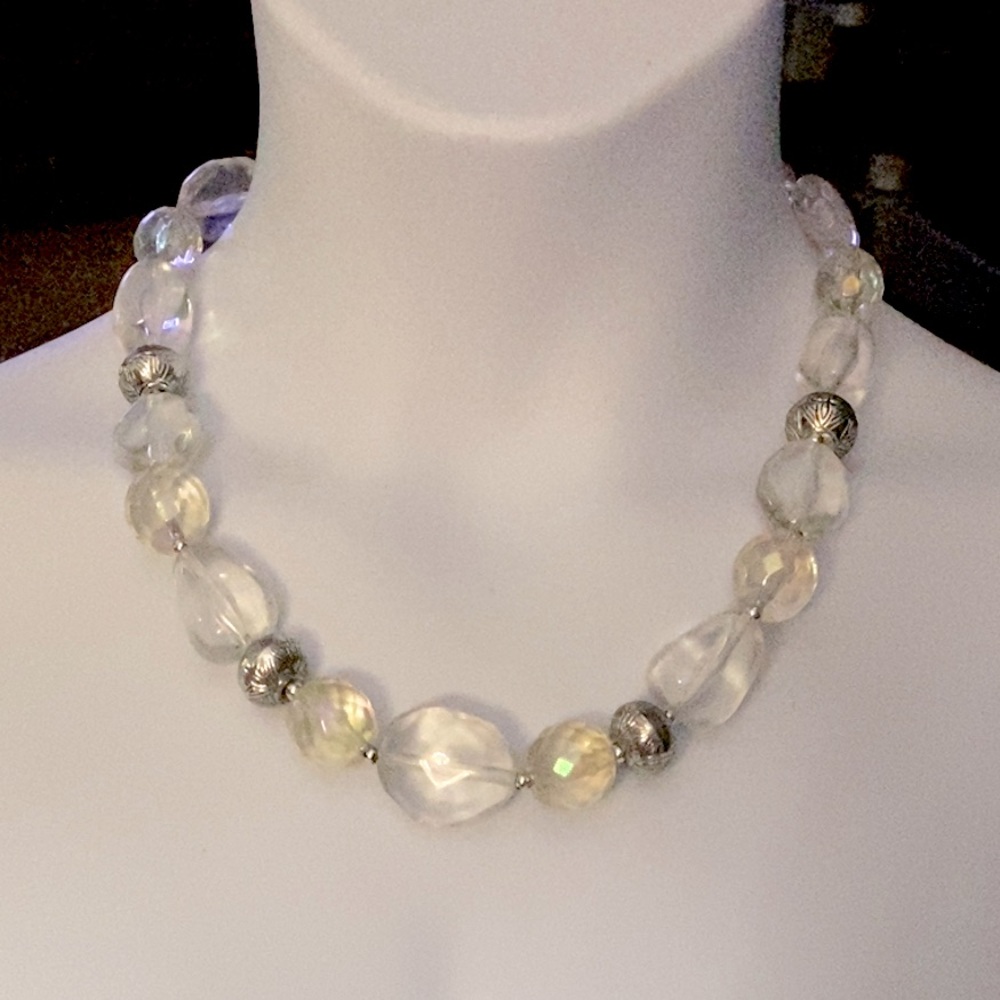 VTG Silver Tone and Clear Beaded Necklace